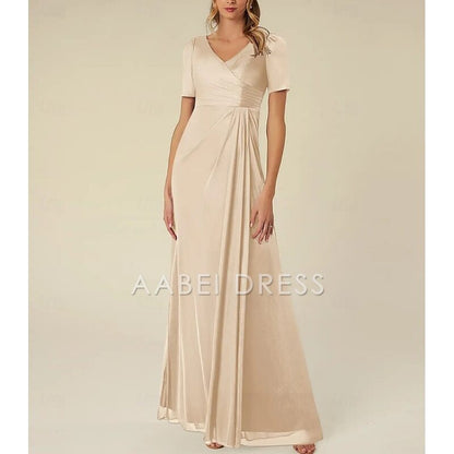 AABEI DRESS Wedding Guest Dress Elegant A-Line V Neck Short Sleeve Floor Length Pleated Simple Mother of the Bride Dress