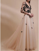 A-Line Evening Gown Champagne Gold Elegant Dress Formal Wedding Guest Sweep / Brush Train Long Sleeve V Neck Tulle with Embroidery Prom Dresses