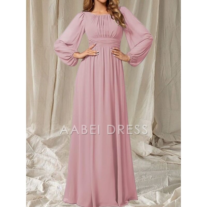 AABEI DRESS Wedding Guest Dress Elegant A-Line Crew Neck Long Sleeve Floor Length Chiffon Ruching Simple Mother of the Bride Dress
