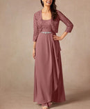 AABEI DRESS Wedding Guest Dress Two Piece A-Line Sweet Crew Neck 3/4 Length Sleeve Floor Length Lace Beading Ruffles Elegant Mother of the Bride Dress