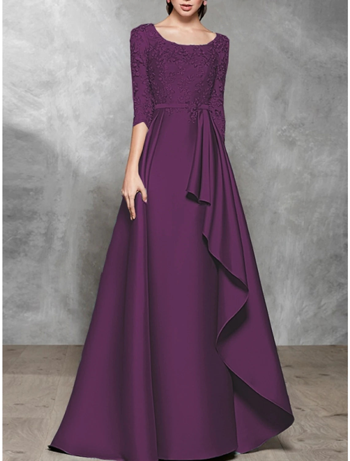 A-Line Evening Gown Black Dress Plus Size Elegant Dress Formal Wedding Floor Length Half Sleeve Scoop Neck Satin with Pleats Mother of the Bride Dresses