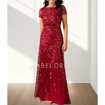 AABEI DRESS Wedding Guest Dress Elegant A-Line Crew Neck Short Sleeve Lace Floor Length Mother of the Bride Dress
