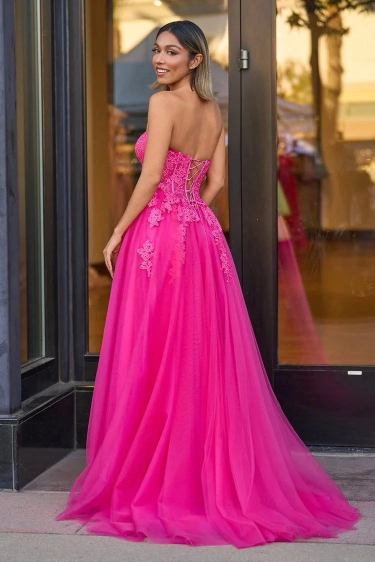 Hot Pink Lace & Tulle A-Line Sweetheart Lace-up Floor-Length Dress Back View - Aabei Dress