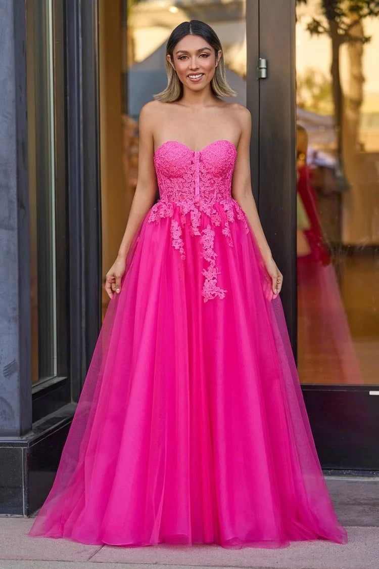 Hot Pink Lace & Tulle A-Line Sweetheart Lace-up Floor-Length Dress Front View - Aabei Dress