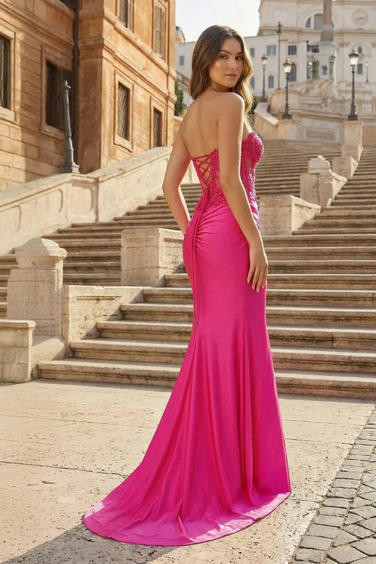 Hot Pink Satin & Lace sheath-column sweetheart lace-up-back floor-length Dress Back View - Aabei Dress