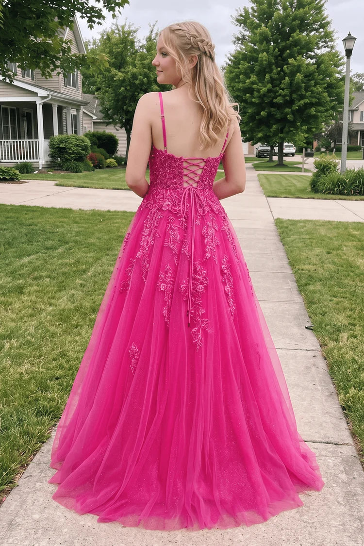 Hot Pink Spaghetti Strap A-Line Lace Prom Dress V Neck Lace-Up Back Glitter Tulle Formal Gown
