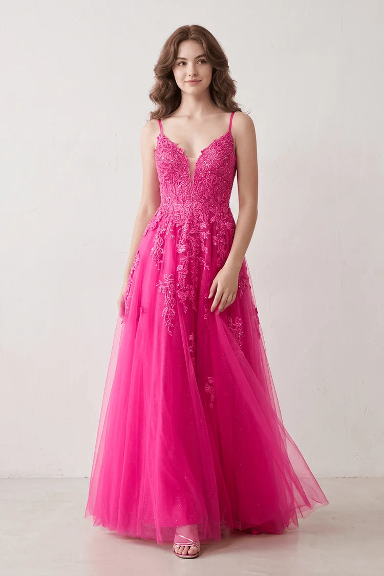 Hot Pink Spaghetti Strap A-Line Lace Prom Dress V Neck Lace-Up Back Glitter Tulle Formal Gown