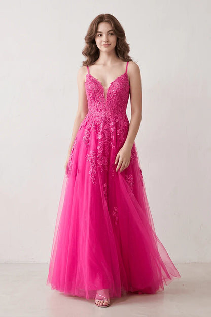 Hot Pink Spaghetti Strap A-Line Lace Prom Dress V Neck Lace-Up Back Glitter Tulle Formal Gown
