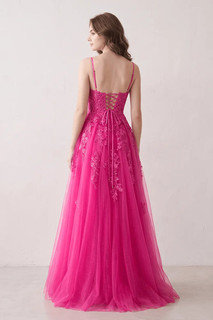 Hot Pink Spaghetti Strap A-Line Lace Prom Dress V Neck Lace-Up Back Glitter Tulle Formal Gown
