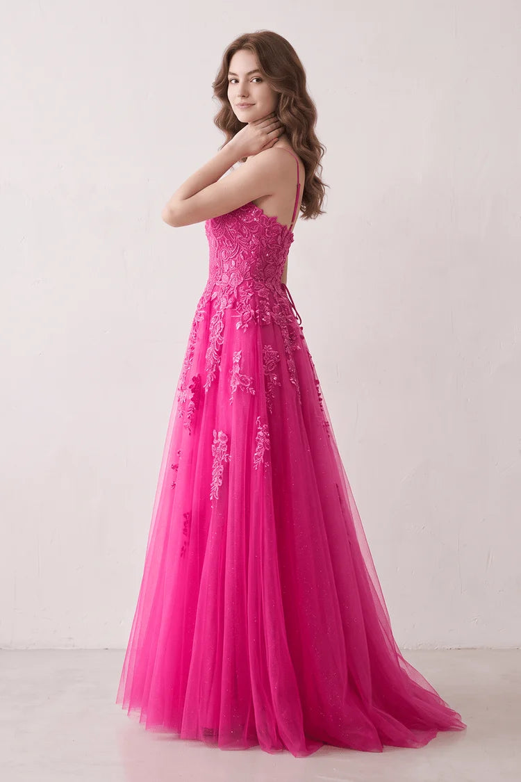 Hot Pink Spaghetti Strap A-Line Lace Prom Dress V Neck Lace-Up Back Glitter Tulle Formal Gown