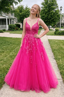 Hot Pink Spaghetti Strap A-Line Lace Prom Dress V Neck Lace-Up Back Glitter Tulle Formal Gown