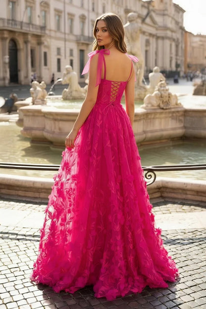 Hot Pink Tulle A-Line Square Neck Lace-up Floor-Length Dress Back View - Aabei Dress