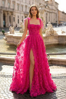 Hot Pink Tulle A-Line Square Neck Lace-up Floor-Length Dress Front View - Aabei Dress