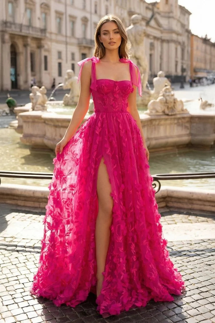 Hot Pink Tulle A-Line Square Neck Lace-up Floor-Length Dress Front View - Aabei Dress