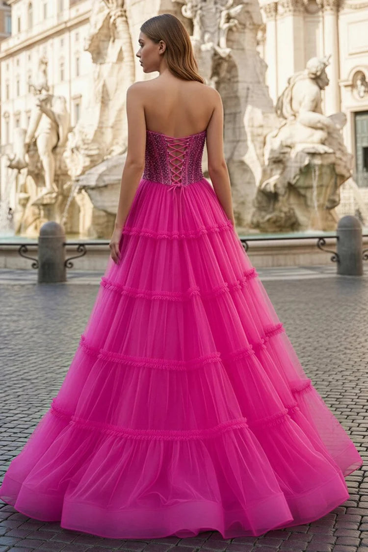 Hot Pink Tulle ball-gown sweetheart lace-up-back floor-length Dress Back View - Aabei Dress