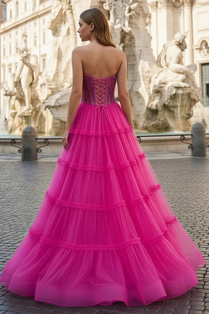 Hot Pink Tulle ball-gown sweetheart lace-up-back floor-length Dress Back View - Aabei Dress