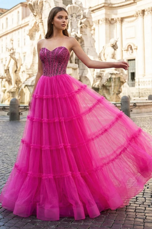 Hot Pink Tulle ball-gown sweetheart lace-up-back floor-length Dress Front View - Aabei Dress