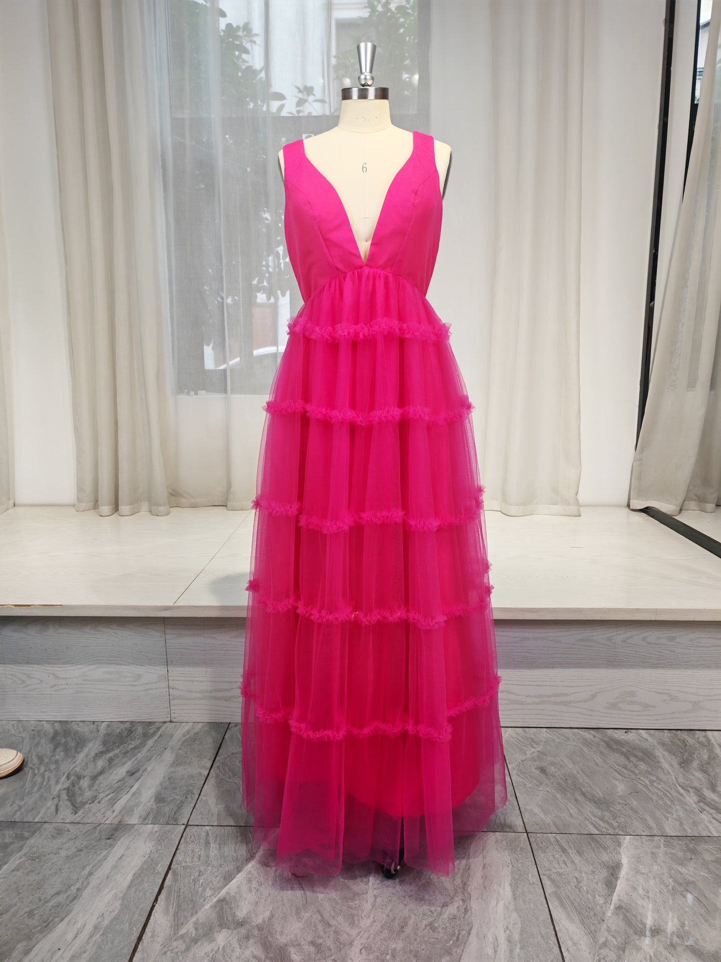 Hot Pink Tulle Tiered Plunging V-Neck Open Back Floor-Length Dress - Aabei Dress