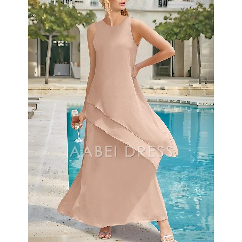 AABEI DRESS Wedding Guest Dress Simple Sheath Jewel Neck Sleeveless Ankle Length Tiers Solid Color Elegant Mother of the Bride Dress