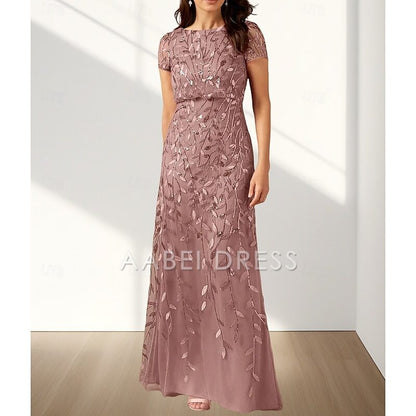 AABEI DRESS Wedding Guest Dress Elegant A-Line Crew Neck Short Sleeve Lace Floor Length Mother of the Bride Dress