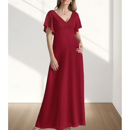 AABEI DRESS Wedding Guest Dress Elegant A-Line V Neck Floor Length Chiffon Short Sleeve with Ruching Simple Mother of the Bride Dress