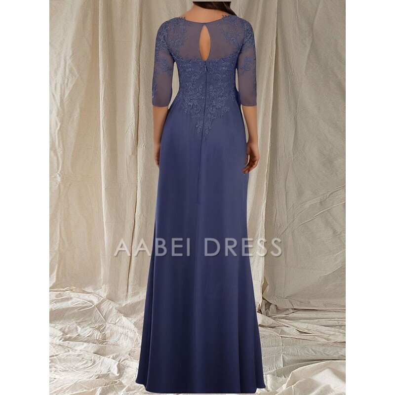 AABEI DRESS Wedding Guest Dress Elegant A-Line Crew Neck 3/4 Length Sleeve Floor Length Lace Appliques Ruffles Fashion Mother of the Bride Dress