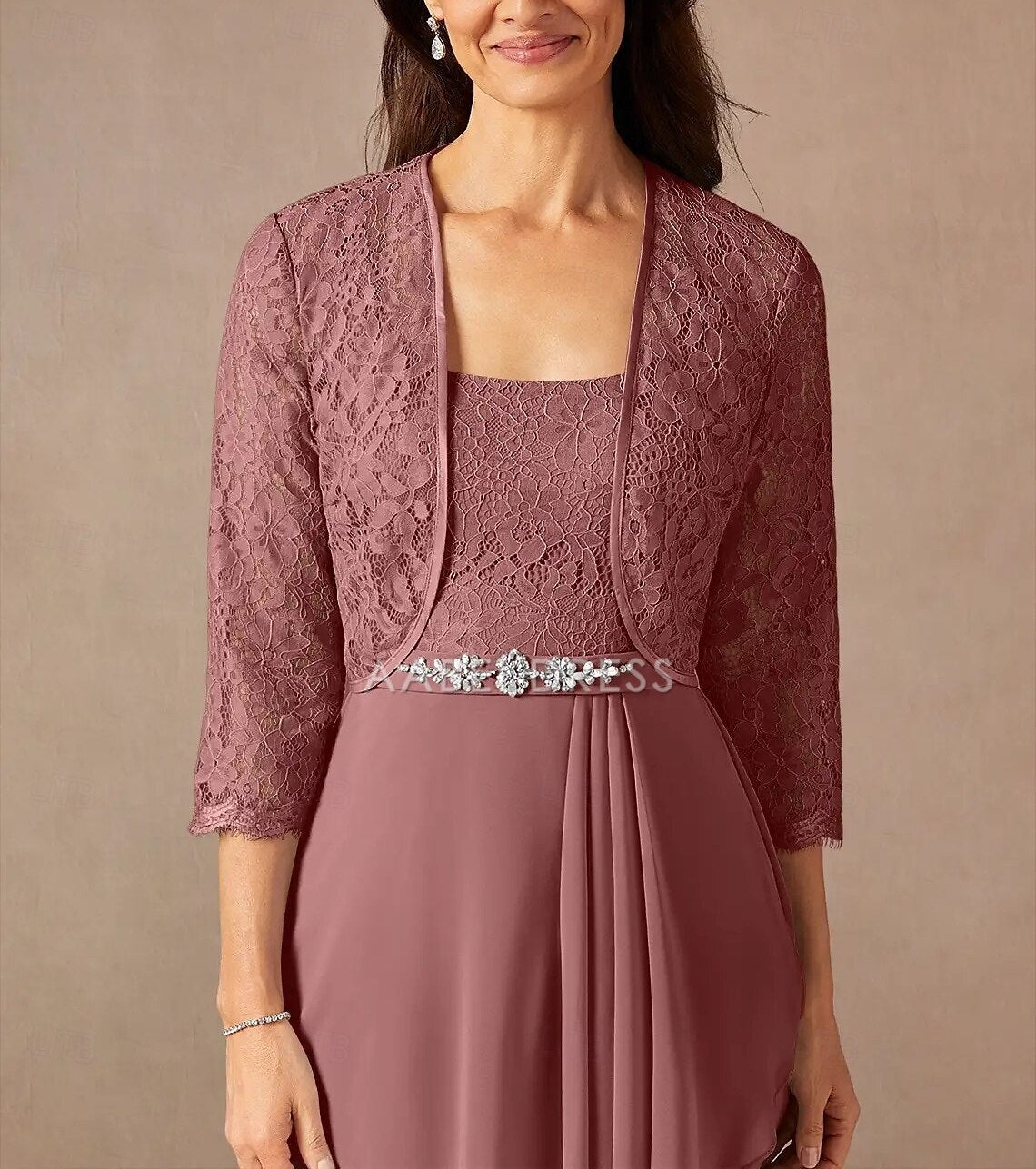 AABEI DRESS Wedding Guest Dress Two Piece A-Line Sweet Crew Neck 3/4 Length Sleeve Floor Length Lace Beading Ruffles Elegant Mother of the Bride Dress
