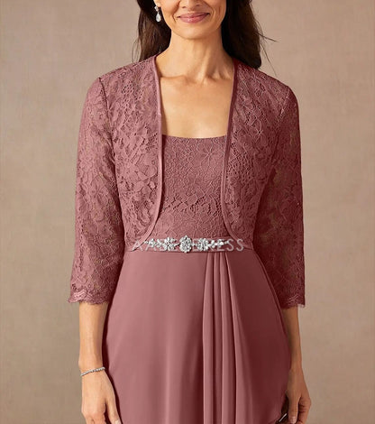 AABEI DRESS Wedding Guest Dress Two Piece A-Line Sweet Crew Neck 3/4 Length Sleeve Floor Length Lace Beading Ruffles Elegant Mother of the Bride Dress