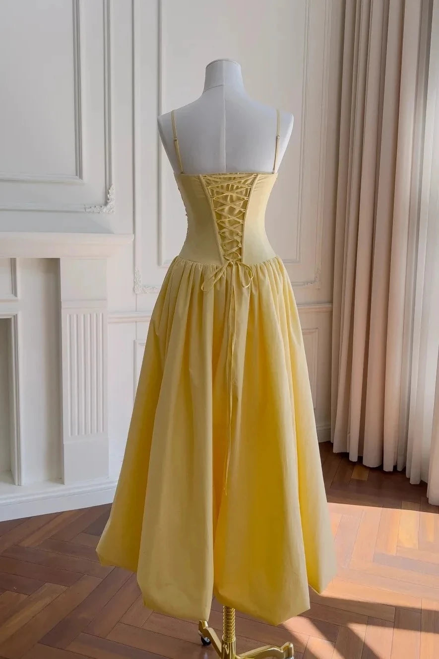 Romantic A-Line Square Neck Spaghetti Straps Lace Up Back Floor-Length Yellow Evening Dresses