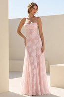 Blush Pink Floral Lace Mermaid Gown Spaghetti Straps Sweetheart Corset Lace-Up Back Formal Dress