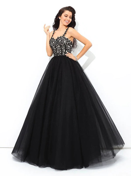 Ball Gown Straps Applique Sleeveless Long Net Quinceanera Dresses