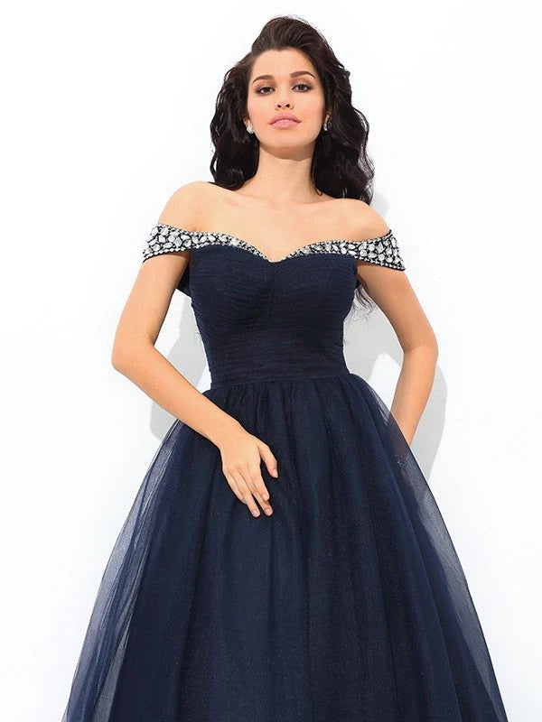 Ball Gown Off-the-Shoulder Beading Sleeveless Long Net Quinceanera Dresses