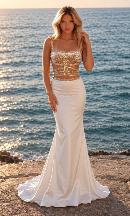 Ivory and Gold Satin Mermaid Square Neck Open Back Floor Length Dress Front View - Aabei Dress
