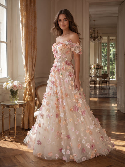 Ivory Blush Tulle A-Line Sweetheart Lace-up Floor-Length Dress - Aabei Dress