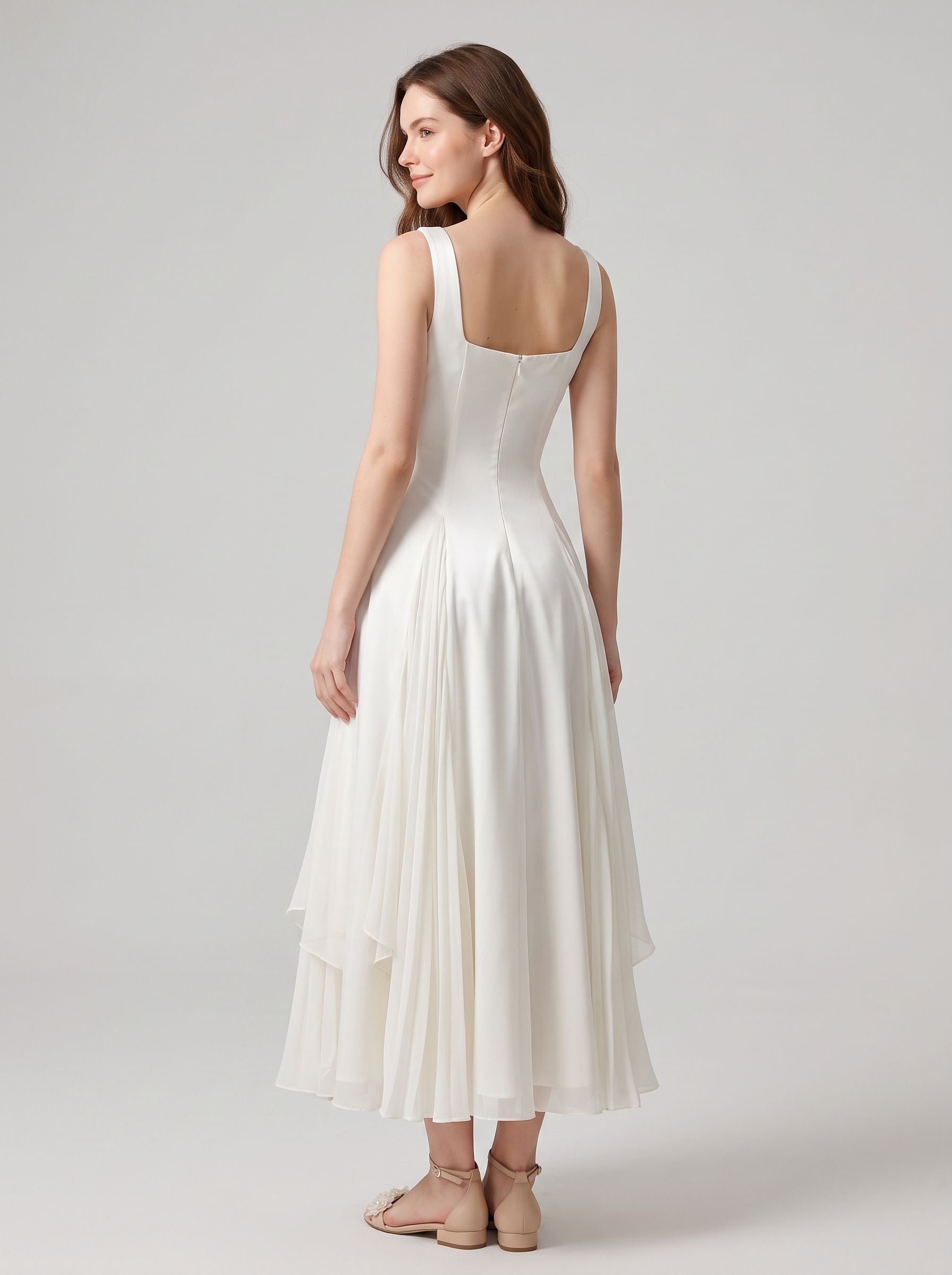 Ivory Chiffon A-Line Square Neck Zipper Back Ankle-Length Dress Back View - Aabei Dress