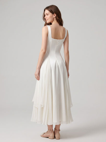 Ivory Chiffon A-Line Square Neck Zipper Back Ankle-Length Dress Back View - Aabei Dress