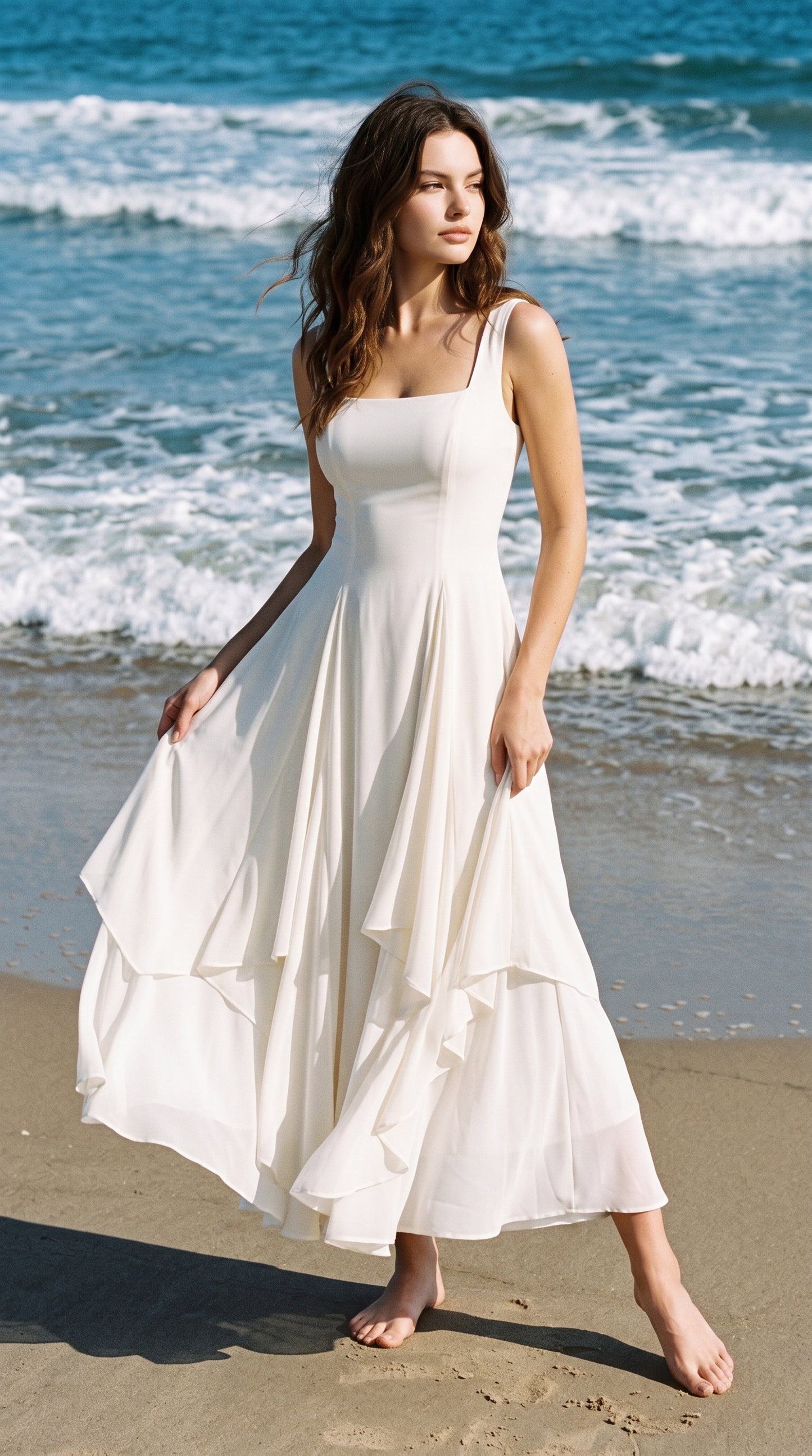 Ivory Chiffon A-Line Square Neck Zipper Back Ankle-Length Dress Front View - Aabei Dress
