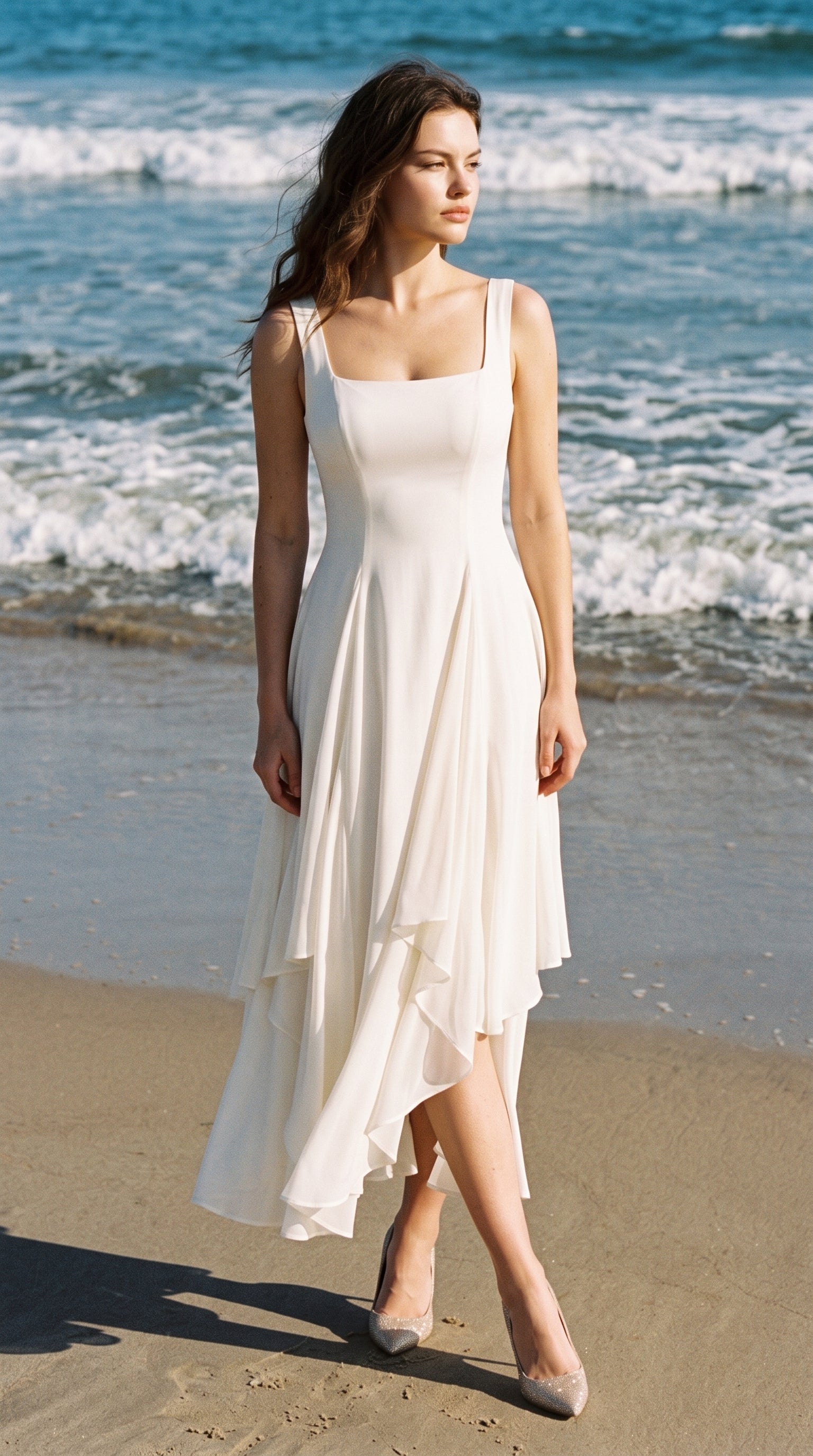 Ivory Chiffon A-Line Square Neck Zipper Back Ankle-Length Dress - Aabei Dress
