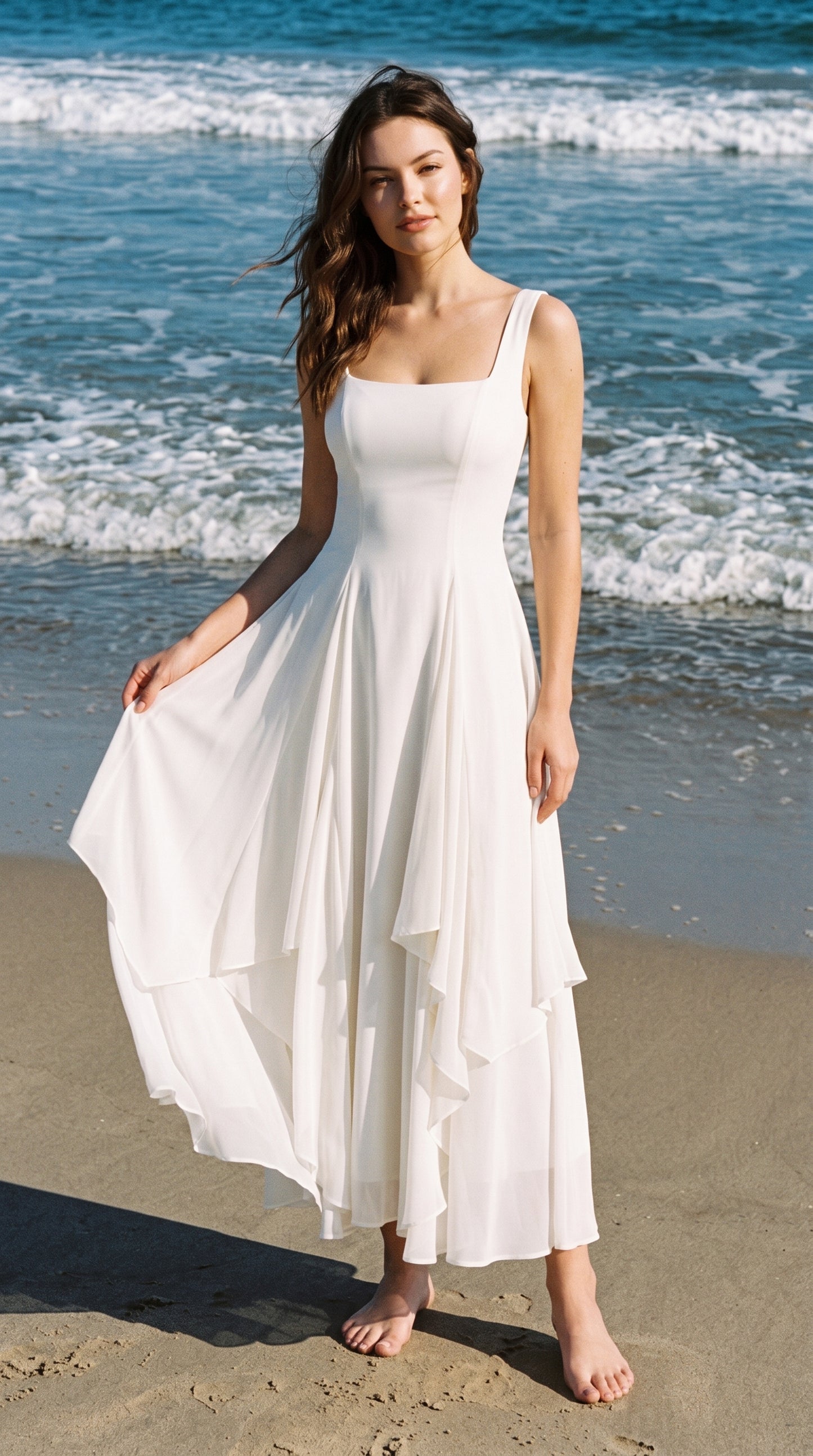 Ivory Chiffon A-Line Square Neck Zipper Back Ankle-Length Dress - Aabei Dress