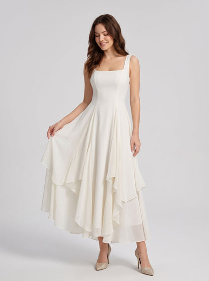 Ivory Chiffon A-Line Square Neck Zipper Back Ankle-Length Dress - Aabei Dress
