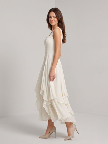 Ivory Chiffon A-Line Square Neck Zipper Back Ankle-Length Dress - Aabei Dress