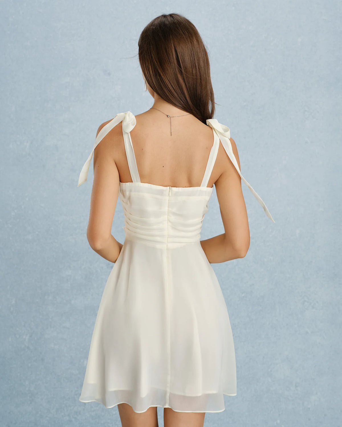 Ivory Chiffon A-line Straight Across Zipper Back Above Knee Dress Back View - Aabei Dress