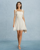 Ivory Chiffon A-line Straight Across Zipper Back Above Knee Dress - Aabei Dress