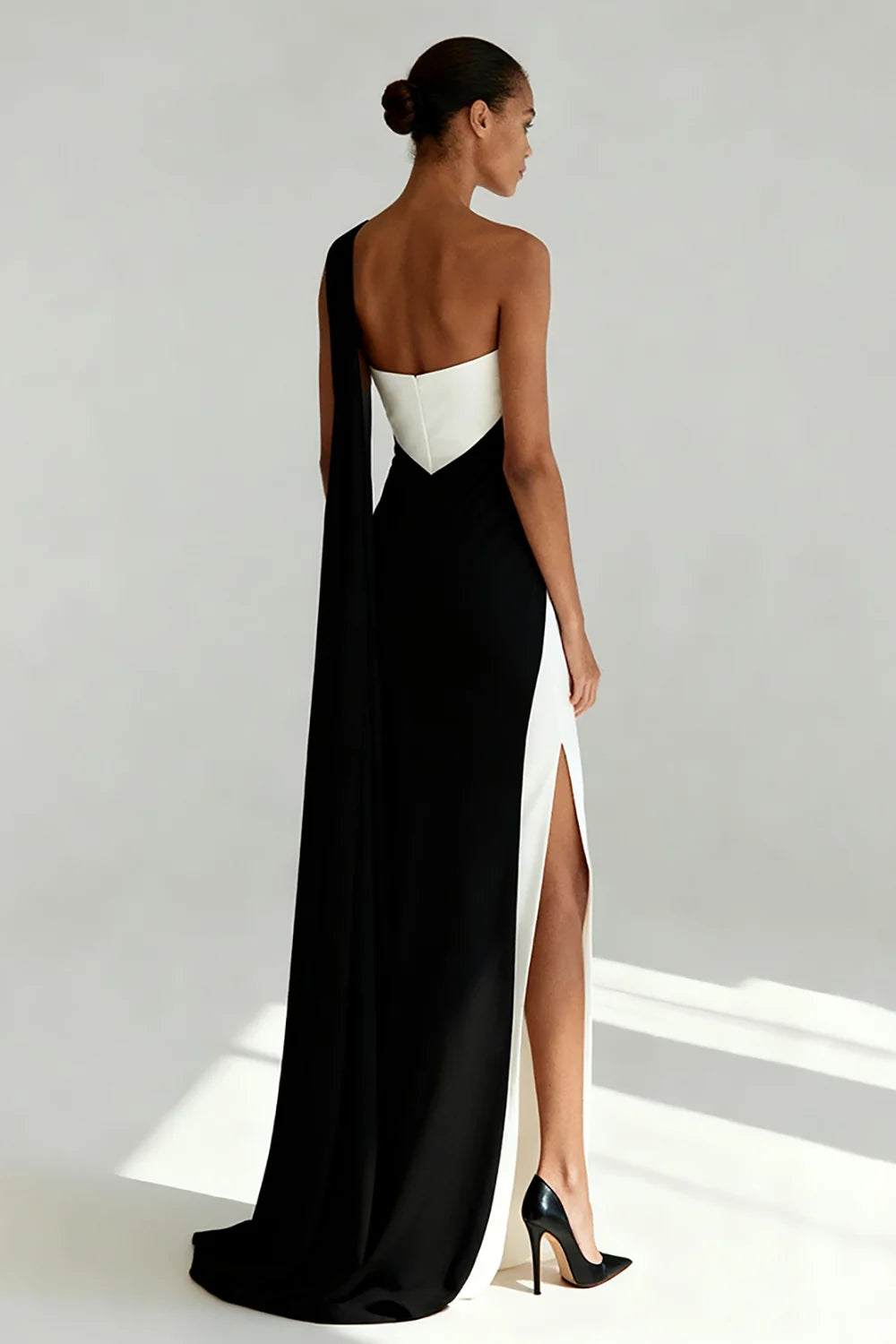Ivory Crepe Sheath/column One Shoulder Open-Back Floor-Length Dress Back View - Aabei Dress