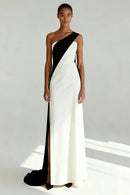 Ivory Crepe Sheath/column One Shoulder Open-Back Floor-Length Dress Front View - Aabei Dress
