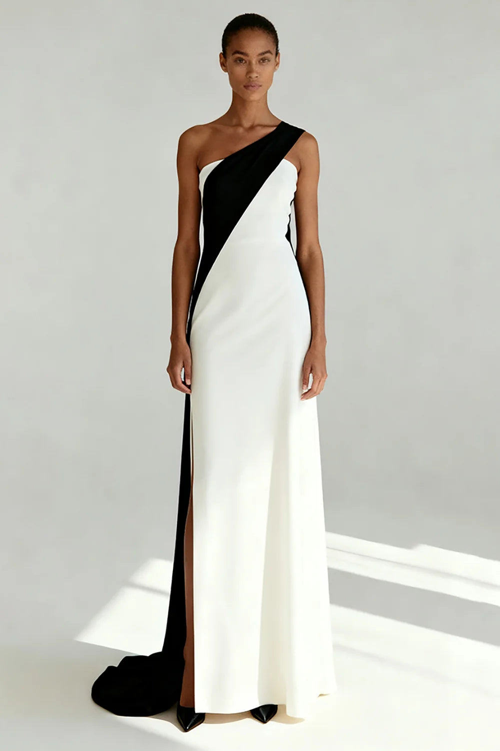 Ivory Crepe Sheath/column One Shoulder Open-Back Floor-Length Dress Front View - Aabei Dress