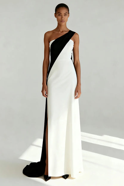 Ivory Crepe Sheath/column One Shoulder Open-Back Floor-Length Dress Front View - Aabei Dress