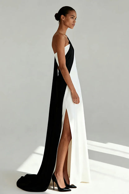 Ivory Crepe Sheath/column One Shoulder Open-Back Floor-Length Dress - Aabei Dress