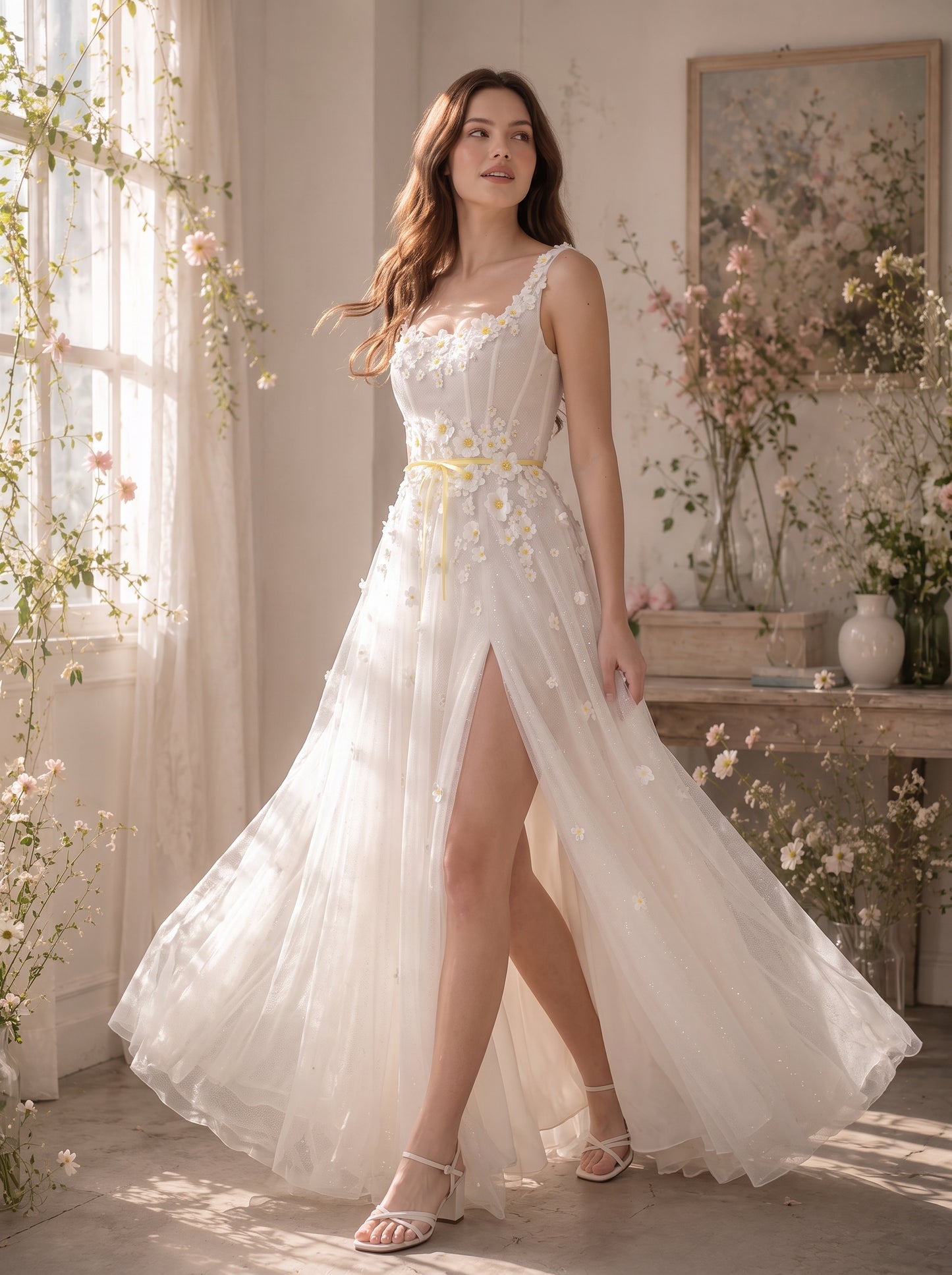Ivory Glitter Tulle A-Line Scoop Neck Zipper Back Floor-Length Dress - Aabei Dress