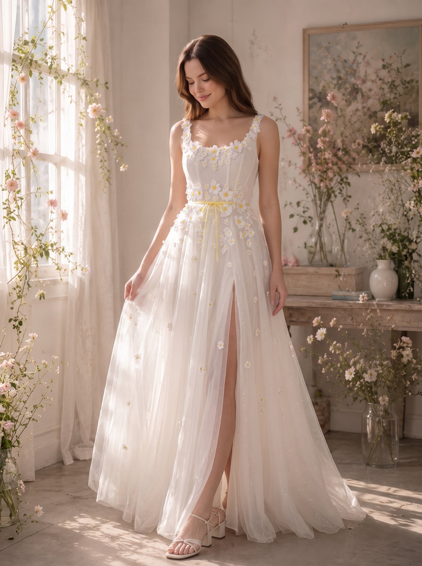 Ivory Glitter Tulle A-Line Scoop Neck Zipper Back Floor-Length Dress - Aabei Dress